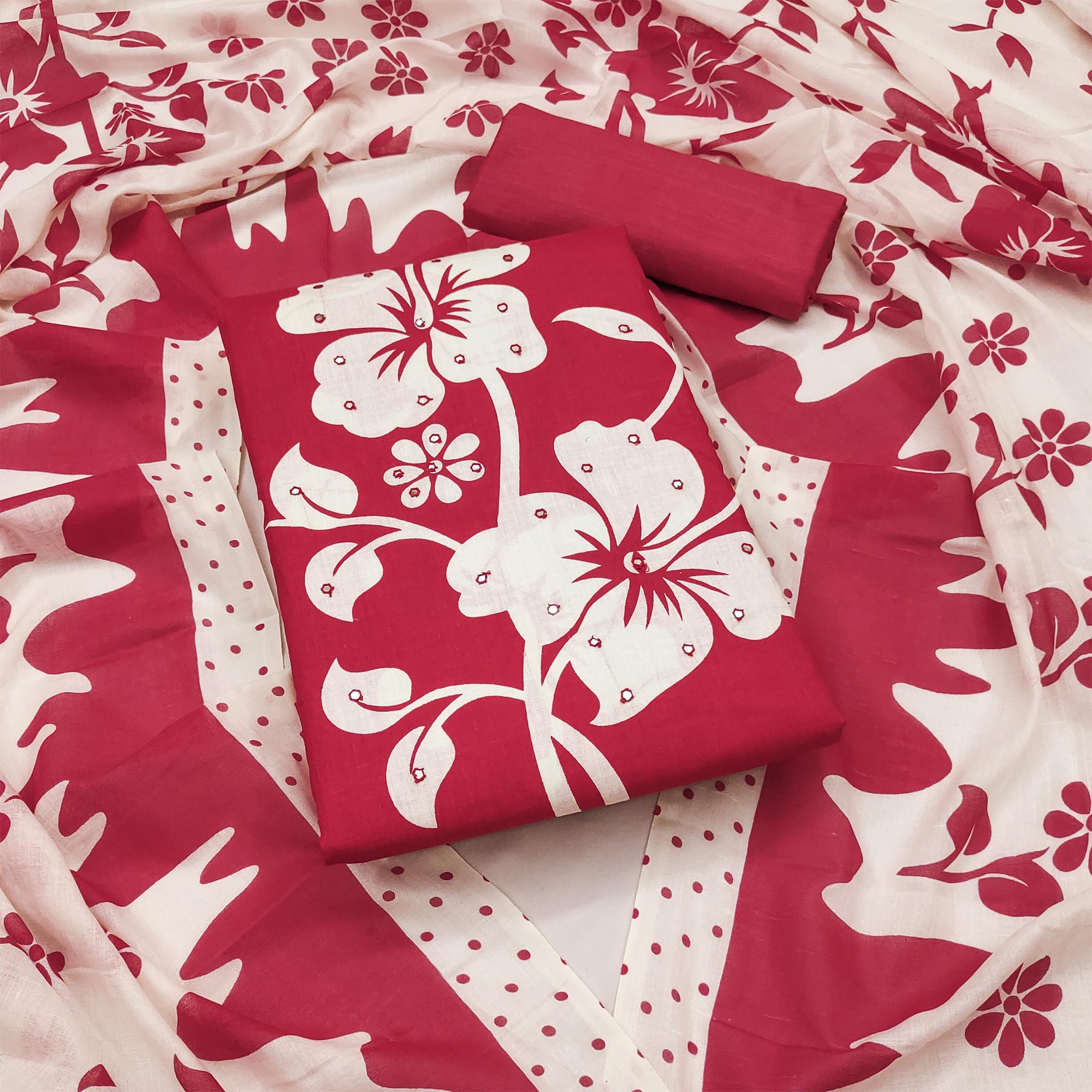 Pink Printed Cotton Blend Dress Material With Dupatta