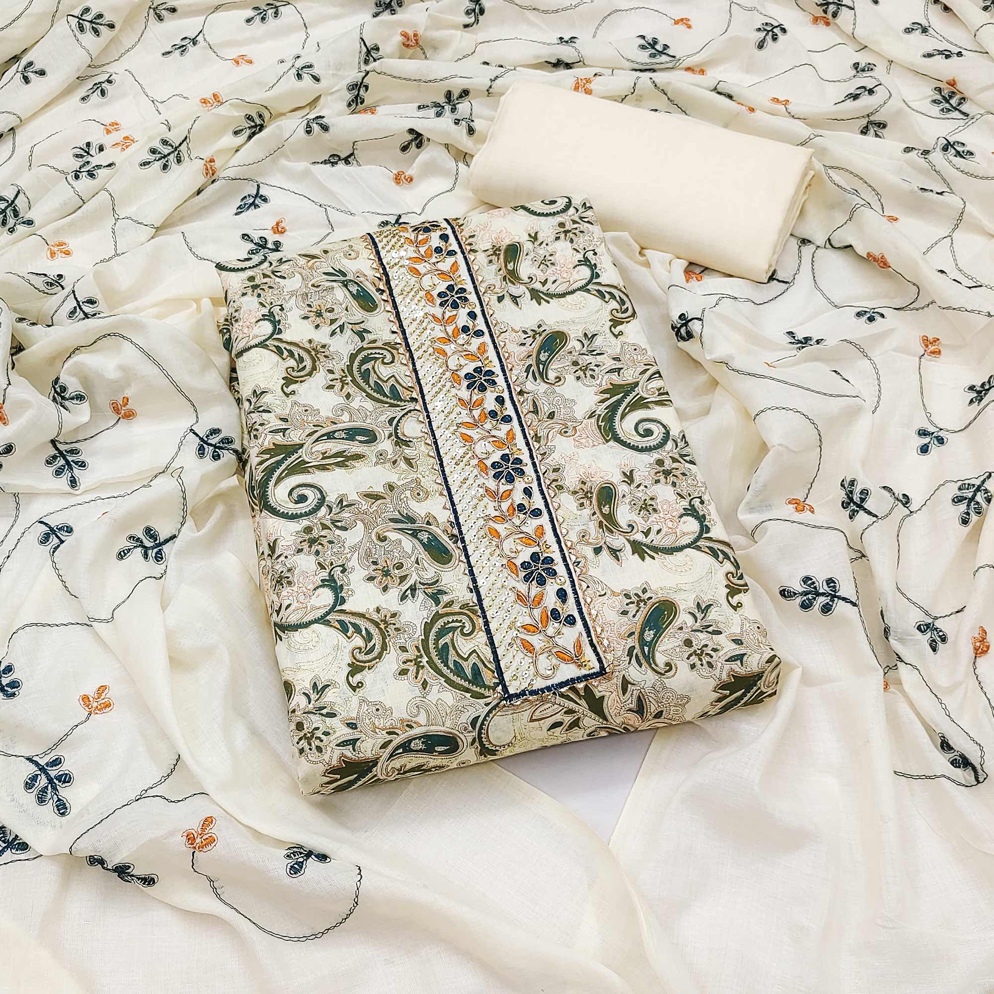 Cream & Green Floral Printed Pure Cotton Dress Material
