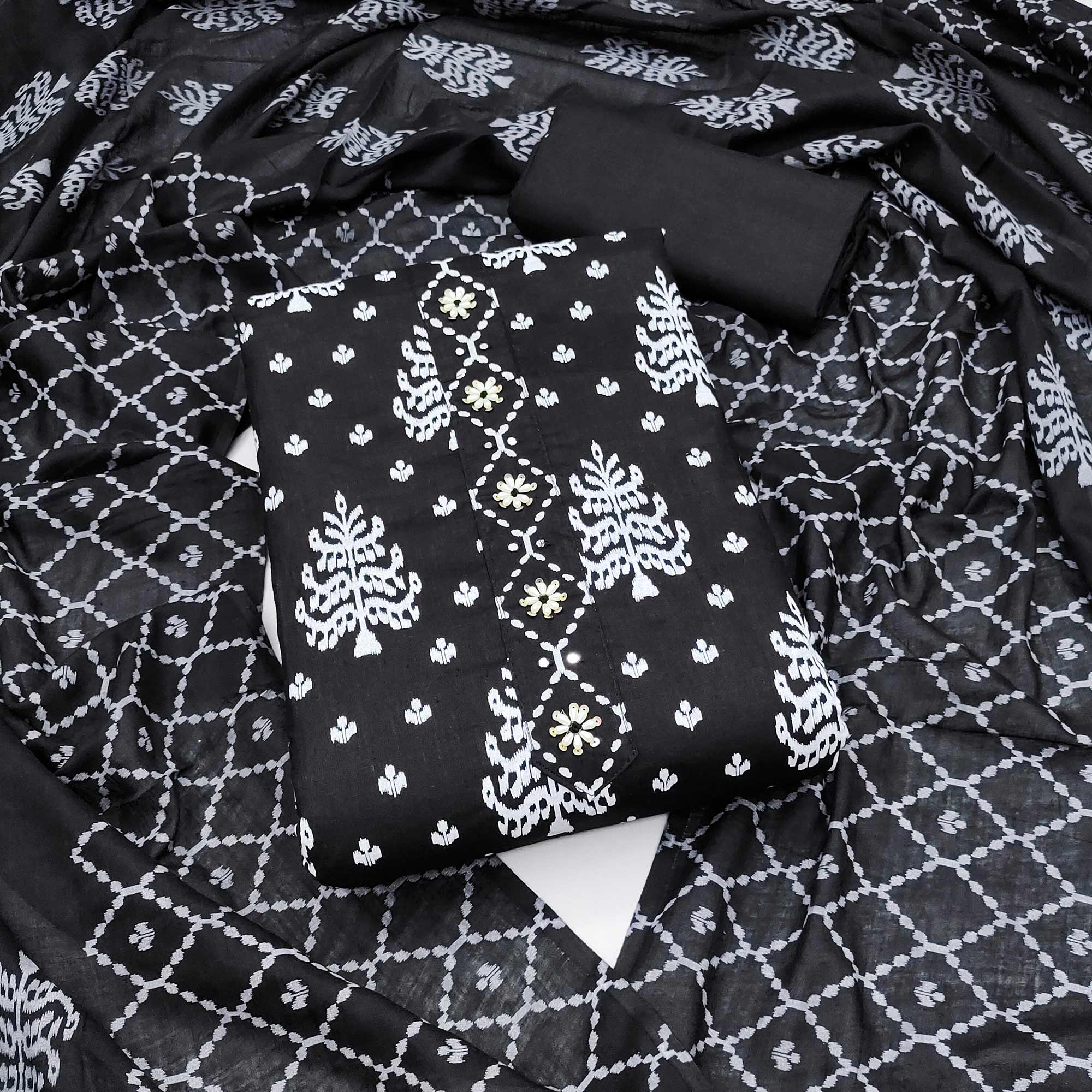 Black Floral Printed Pure Cotton Dress Material