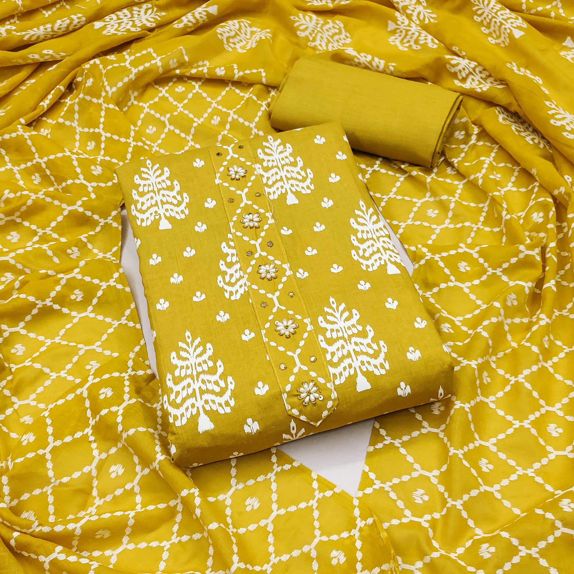 Mustard Floral Printed Pure Cotton Dress Material