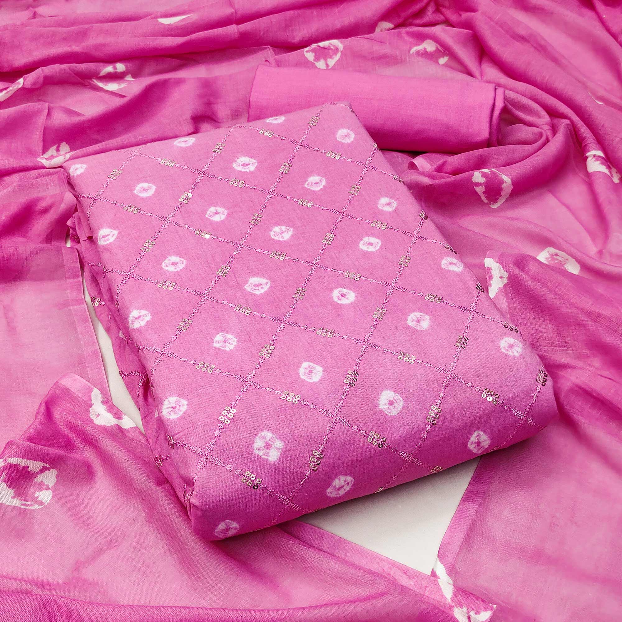 Pink Bandhani Printed With Embroidered Pure Cotton Dress Material