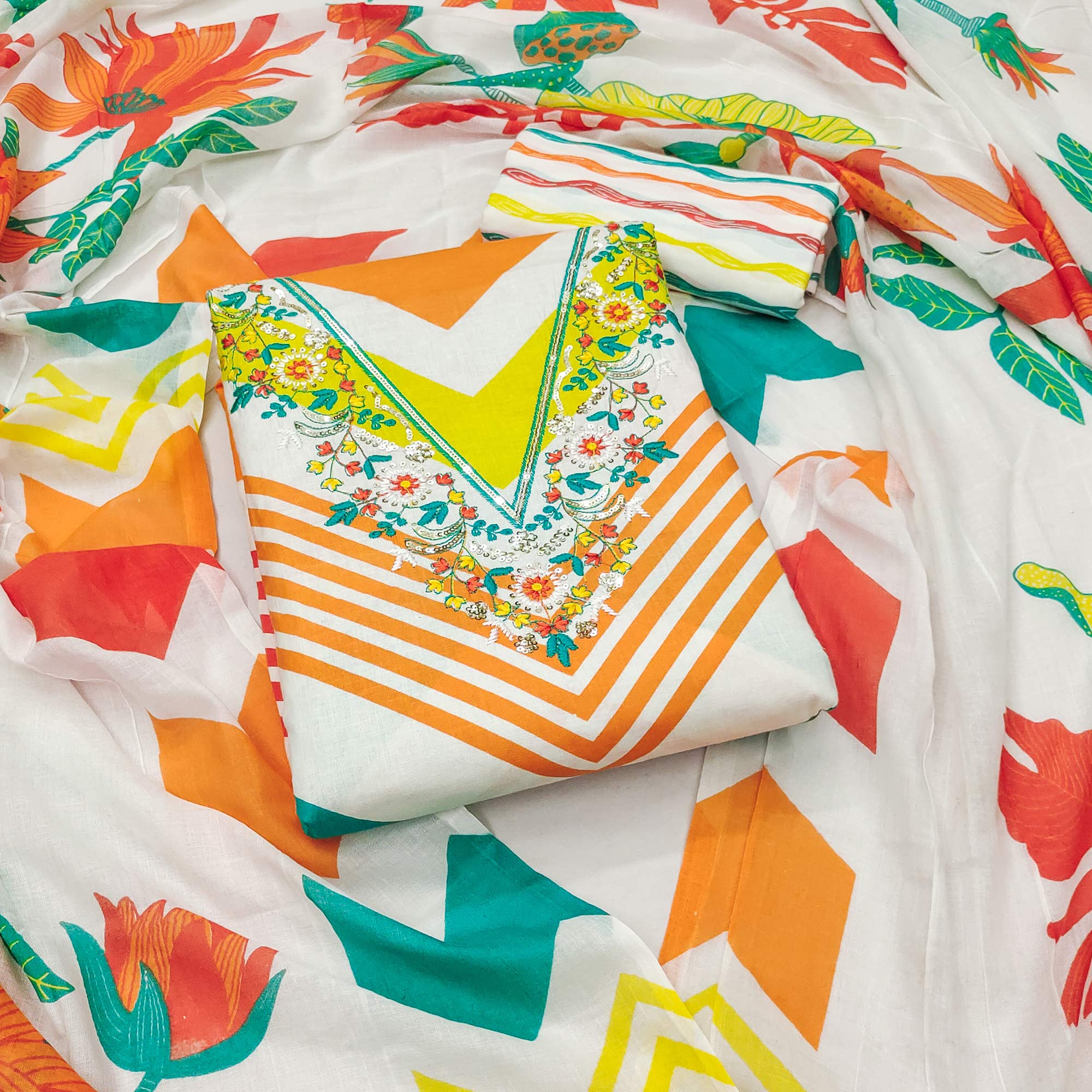Multicolor Printed With Embroidered Pure Cotton Dress Material