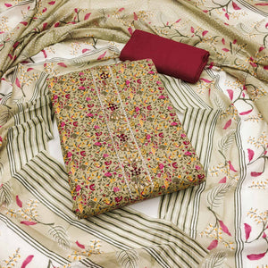 Light Green Floral Printed With Handwork Pure Cotton Dress Material