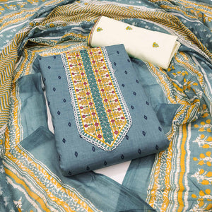 Blue Bandhani Printed With Embroidery Pure Cotton Dress Material