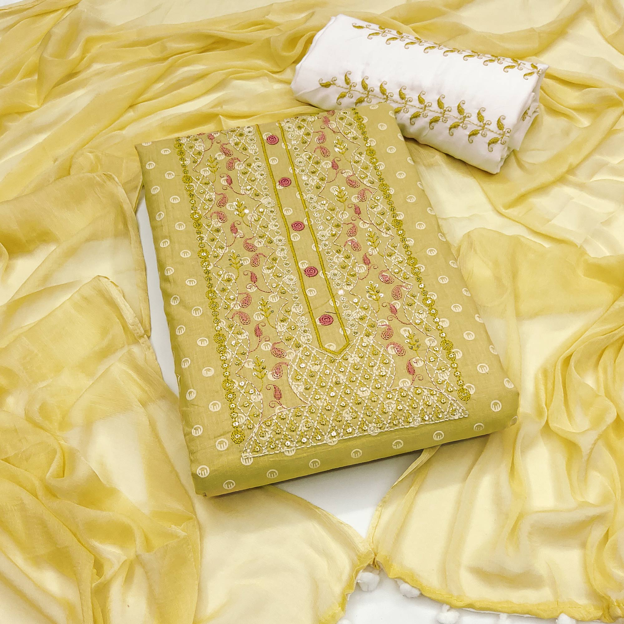 Yellow Geometric Printed With Embroidered Pure Cotton Dress Material