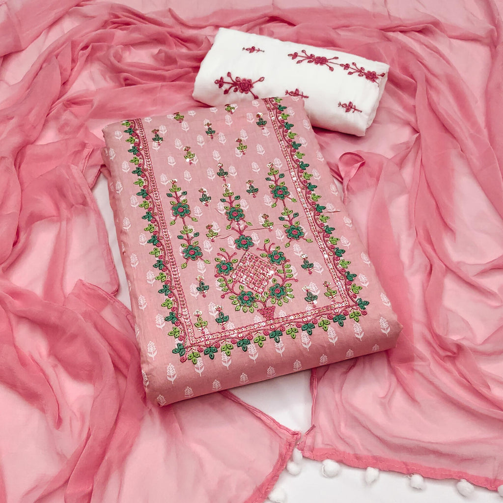 Pink - Jacquard Cotton 2pc Unstitched Dress Material with Earrings 15