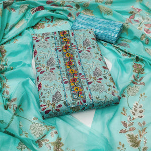 Turquoise Floral Printed With Embroidered Pure Cotton Dress Material