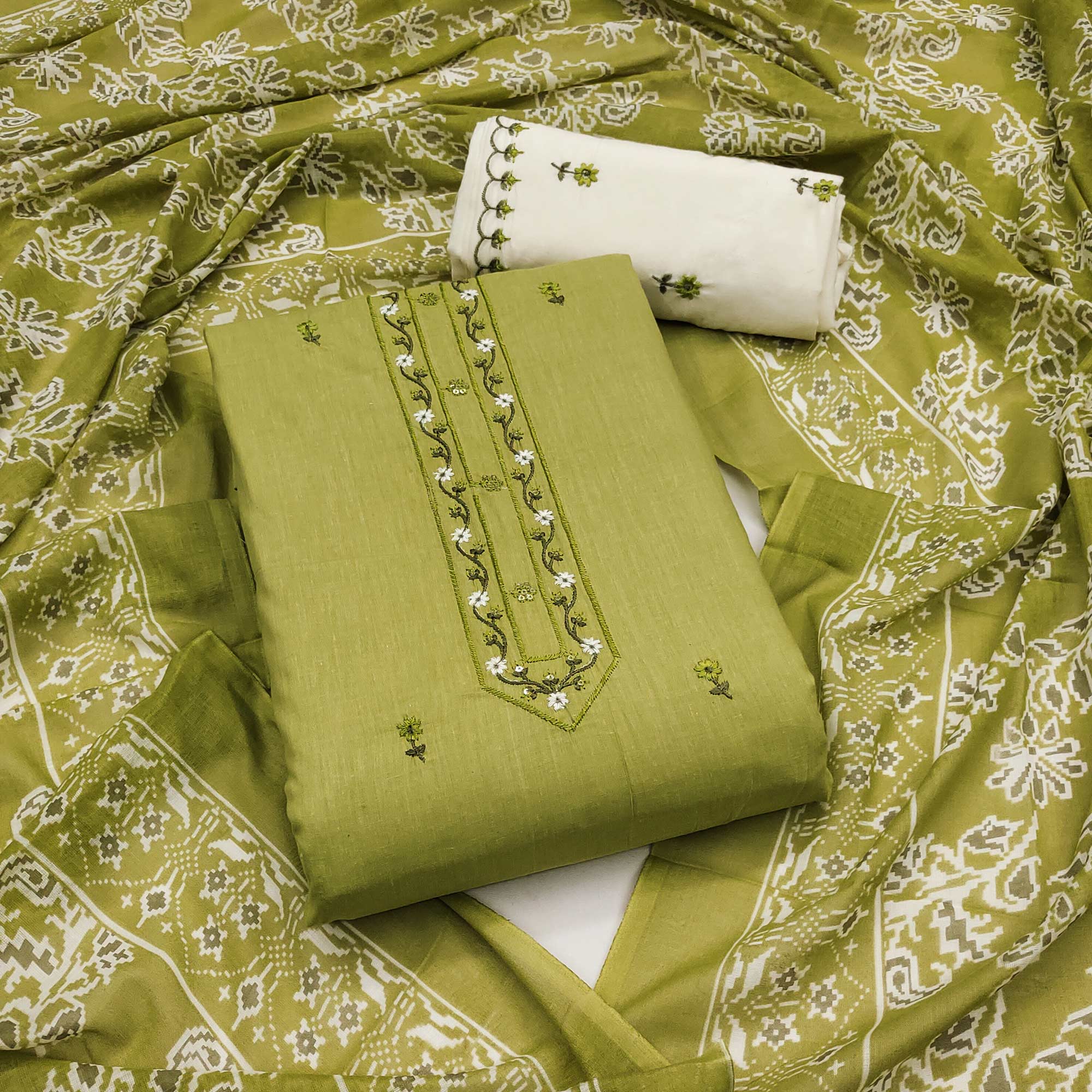 Green Floral Embroidered Pure Cotton Dress Material
