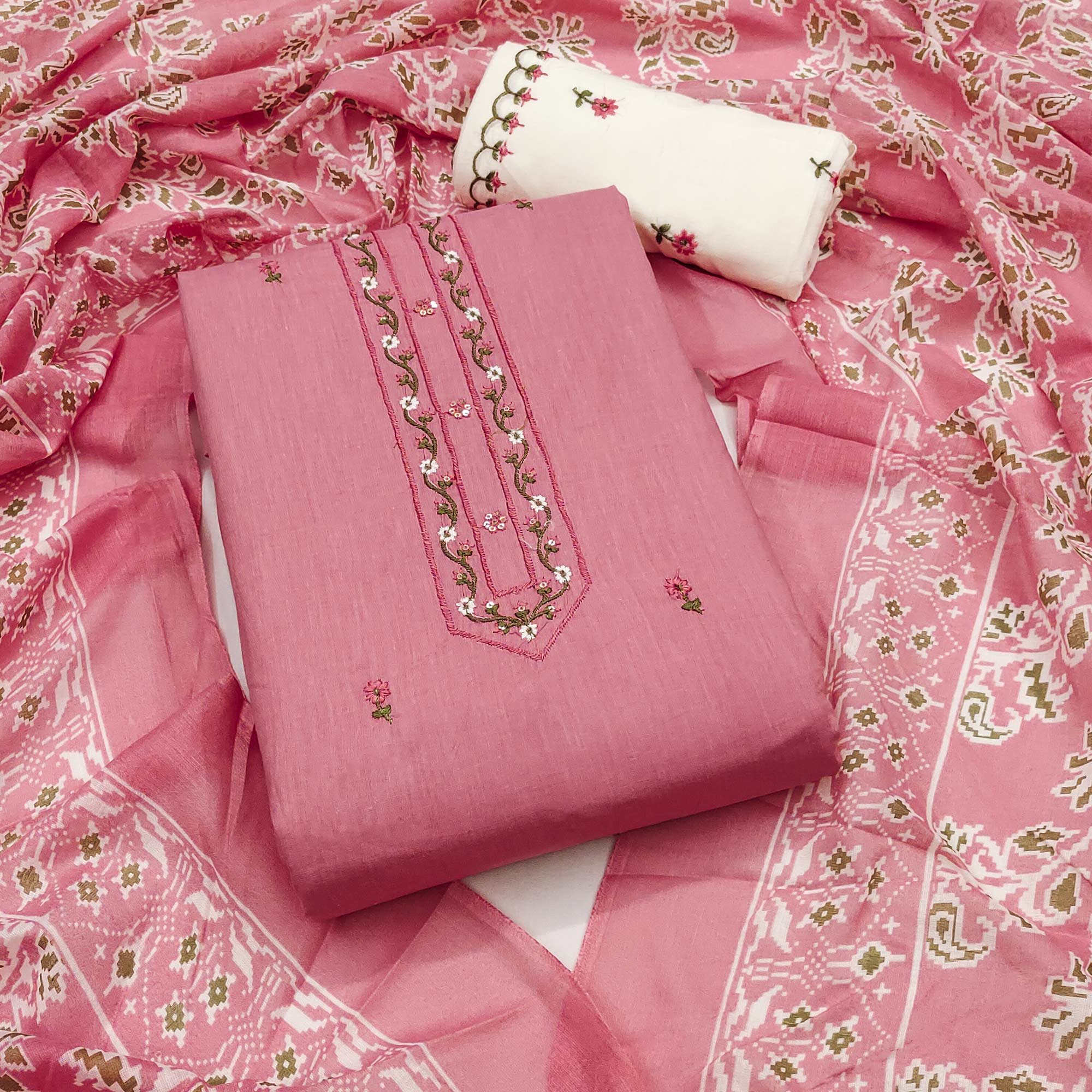 Pink Floral Embroidered Pure Cotton Dress Material