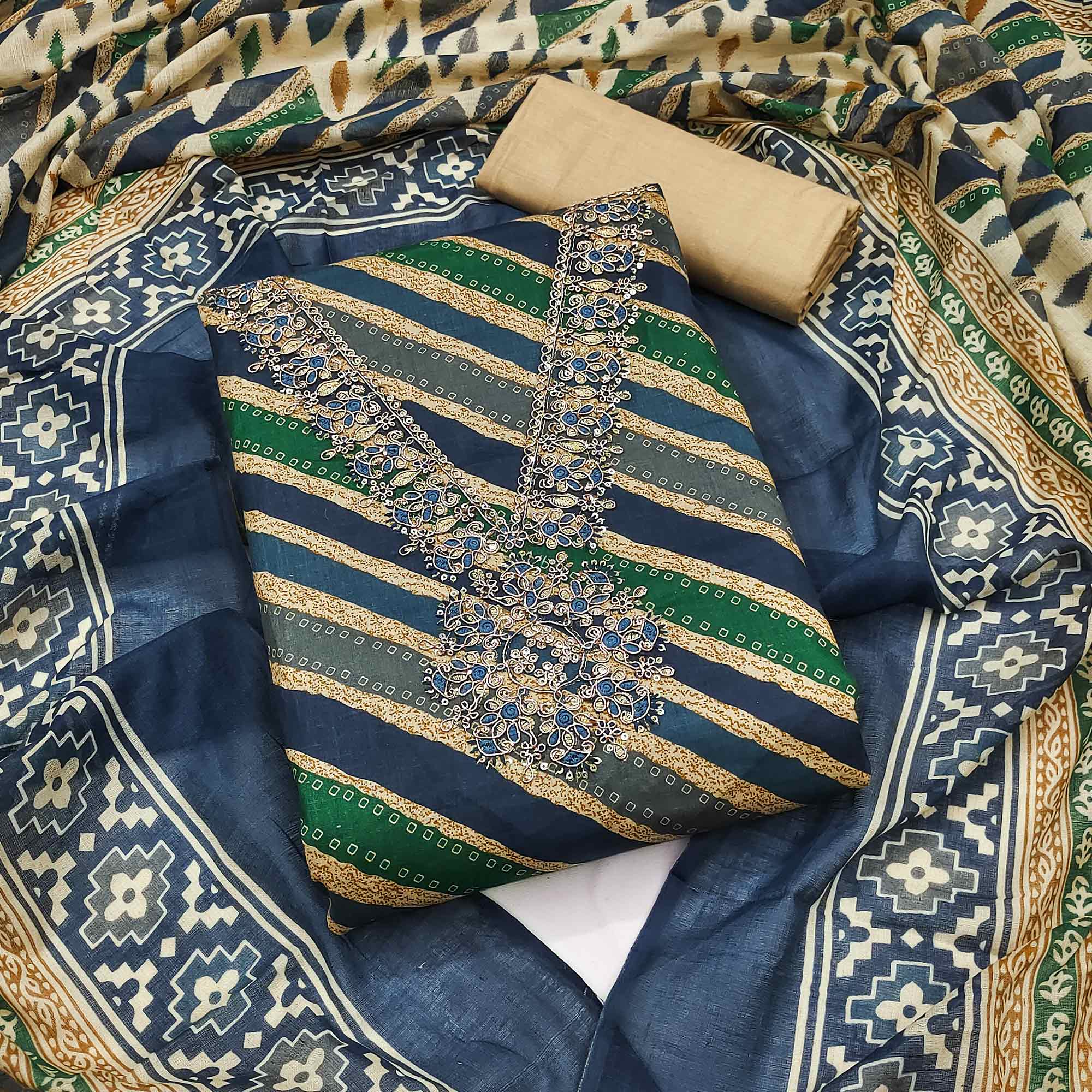 Navy Blue Striped Printed With Embroidery Pure Cotton Dress Material