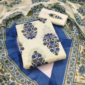 Navy Blue Floral Printed Pure Cotton Dress Material