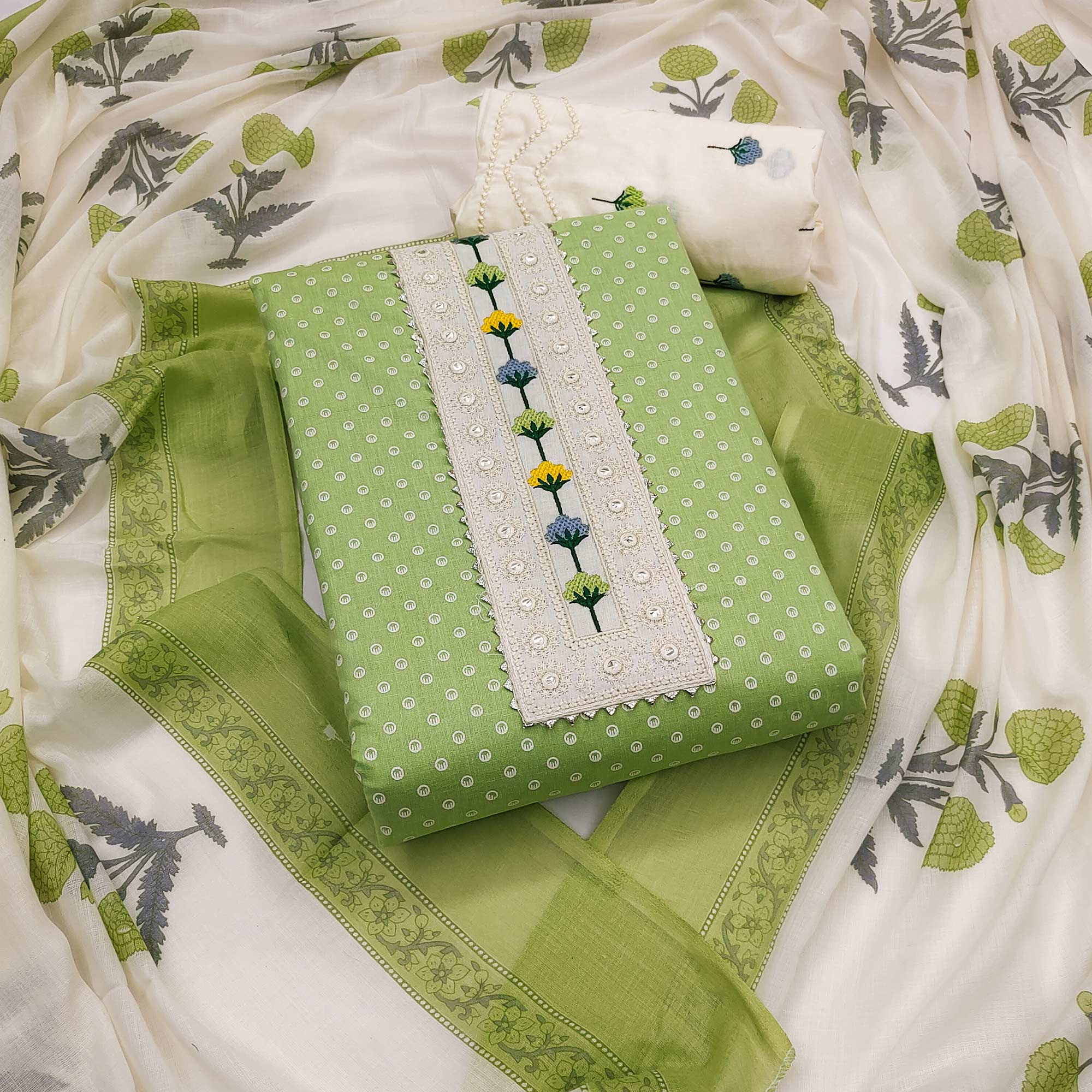 Green Pure Cotton Dress Material with Timeless Polka Design Print Artistry