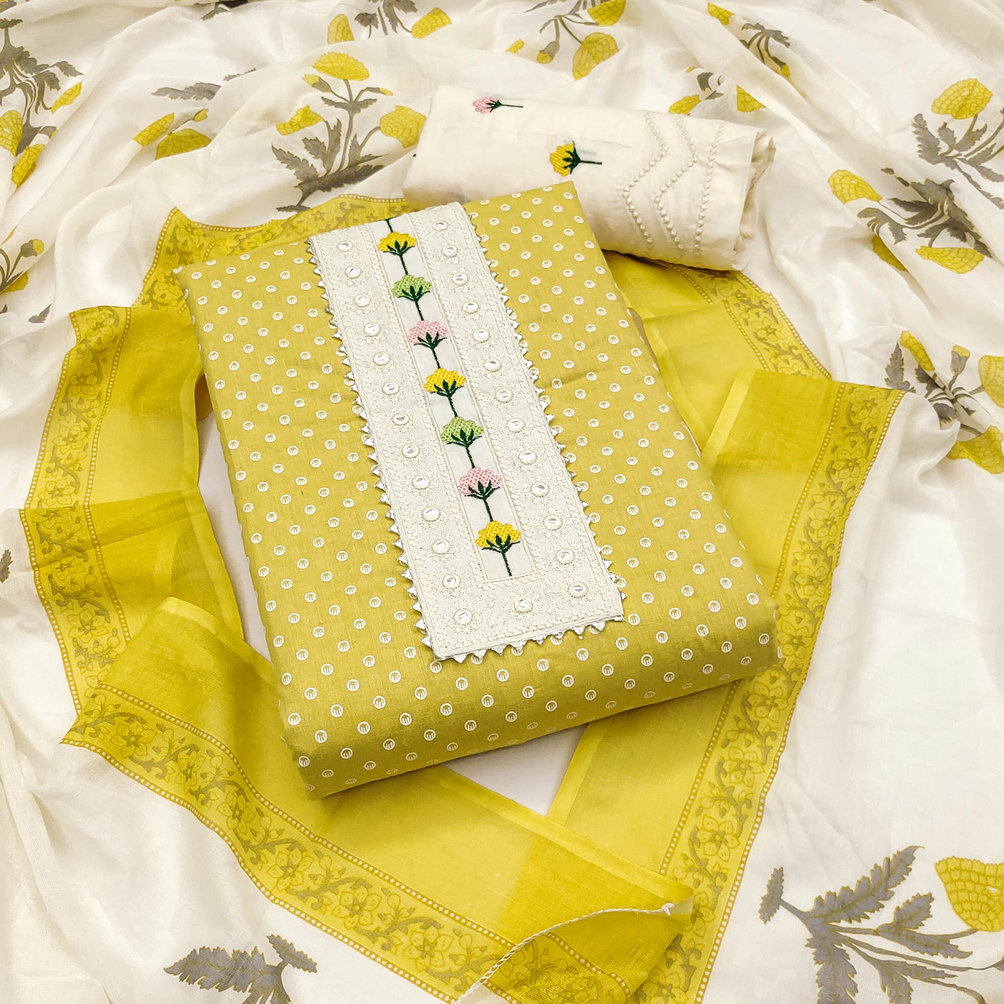 Mustard Pure Cotton Dress Material with Timeless Polka Design Print Print