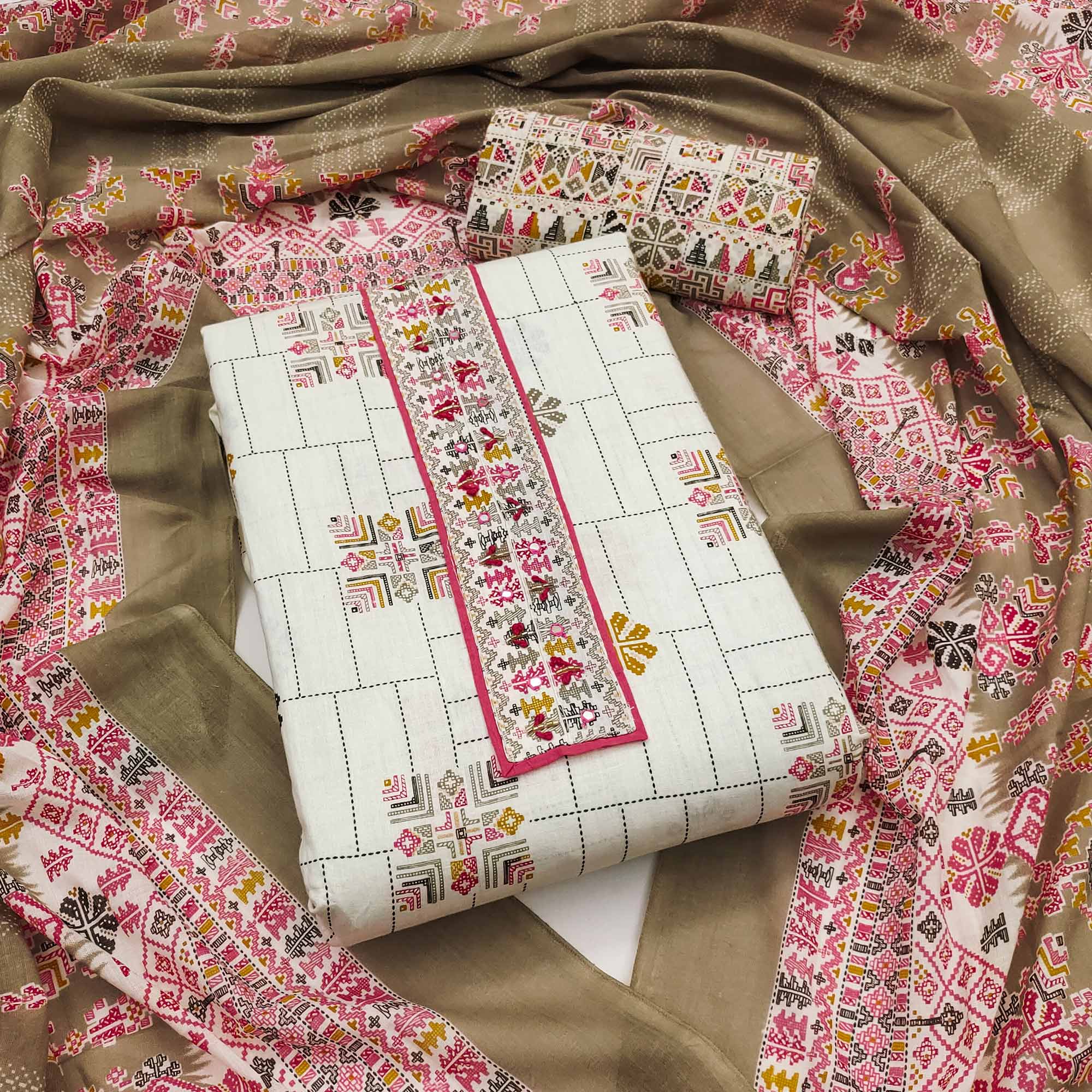 Soft Pure Cotton Dress Fabric in Off White with Modern Geometric Patterns