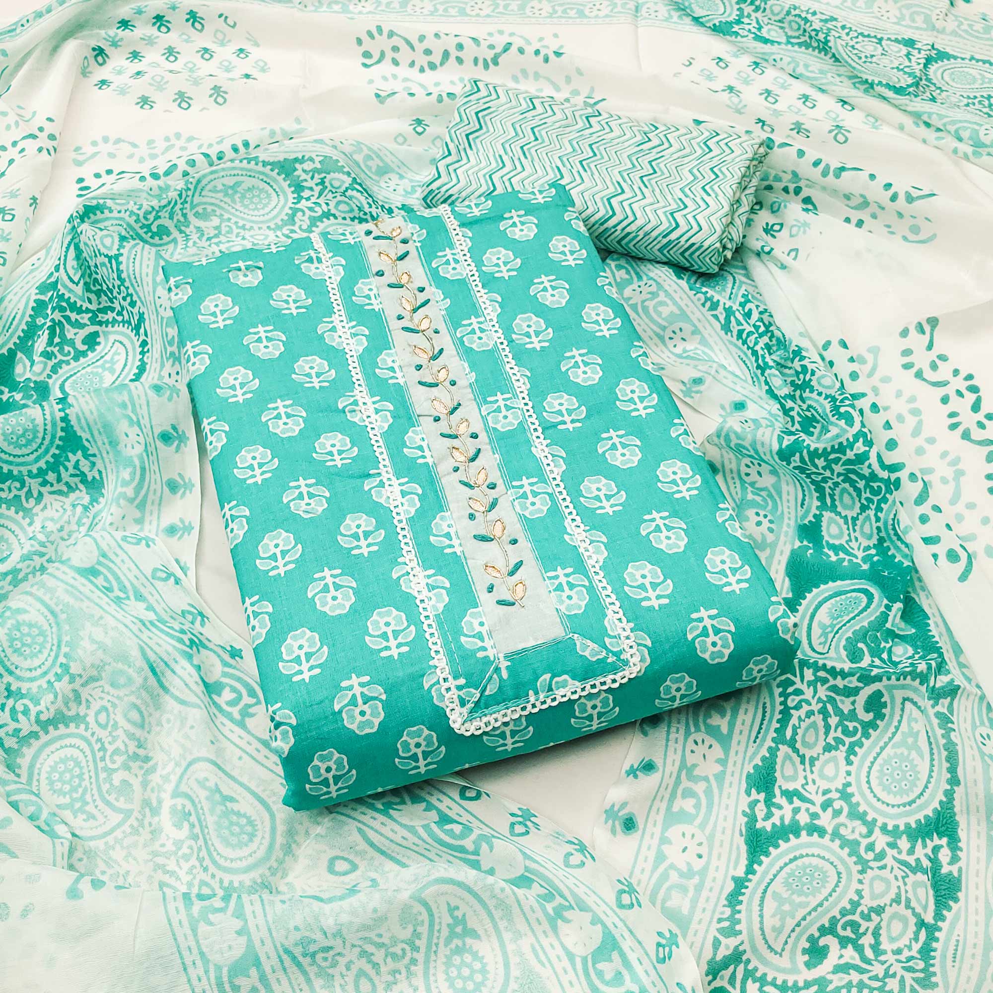 Turquoise Floral Printed Pure Cotton Dress Material With Elegant Neck Embroidery