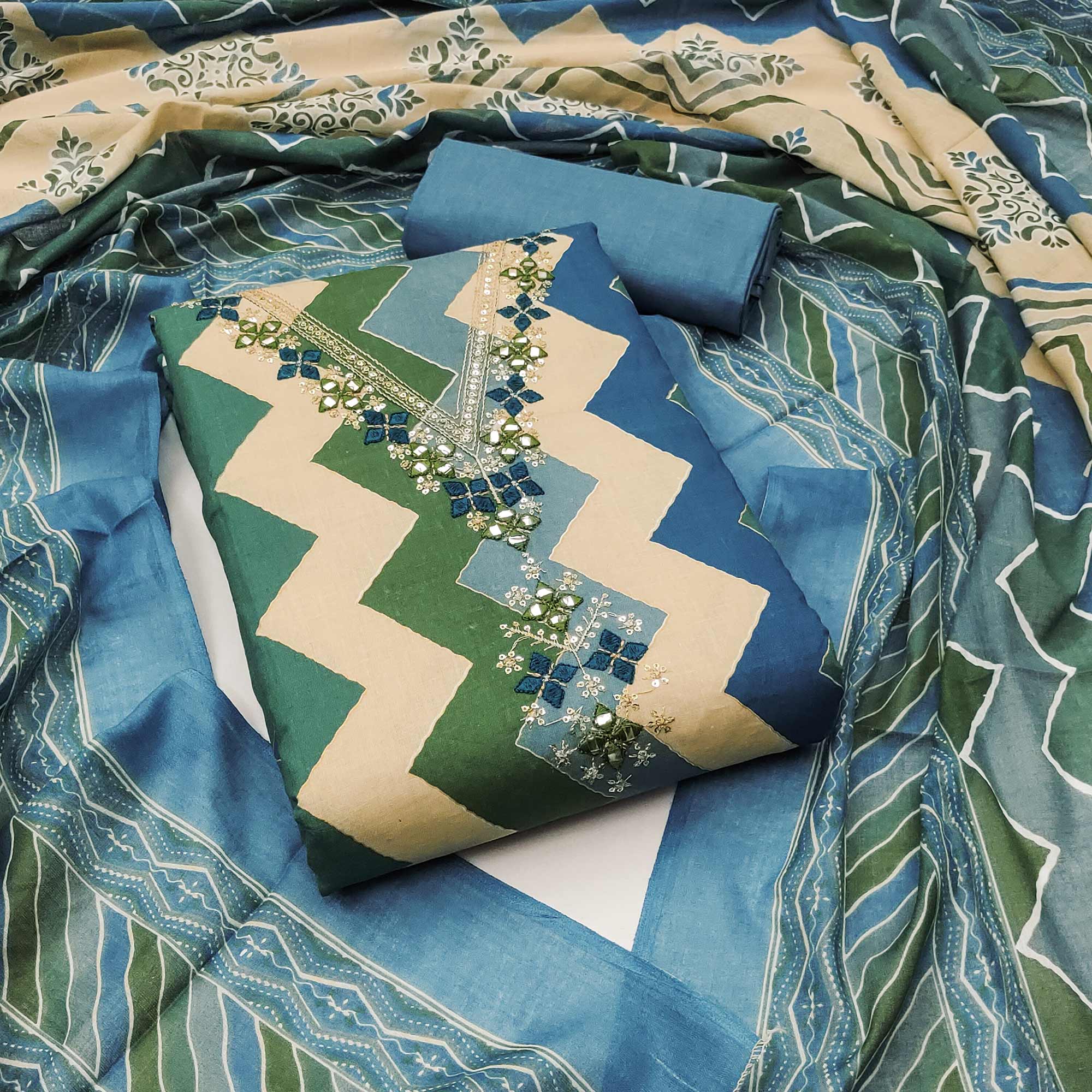 Blue Zig Zag Printed Pure Cotton Dress Material With Intricate Sequins Embroidery