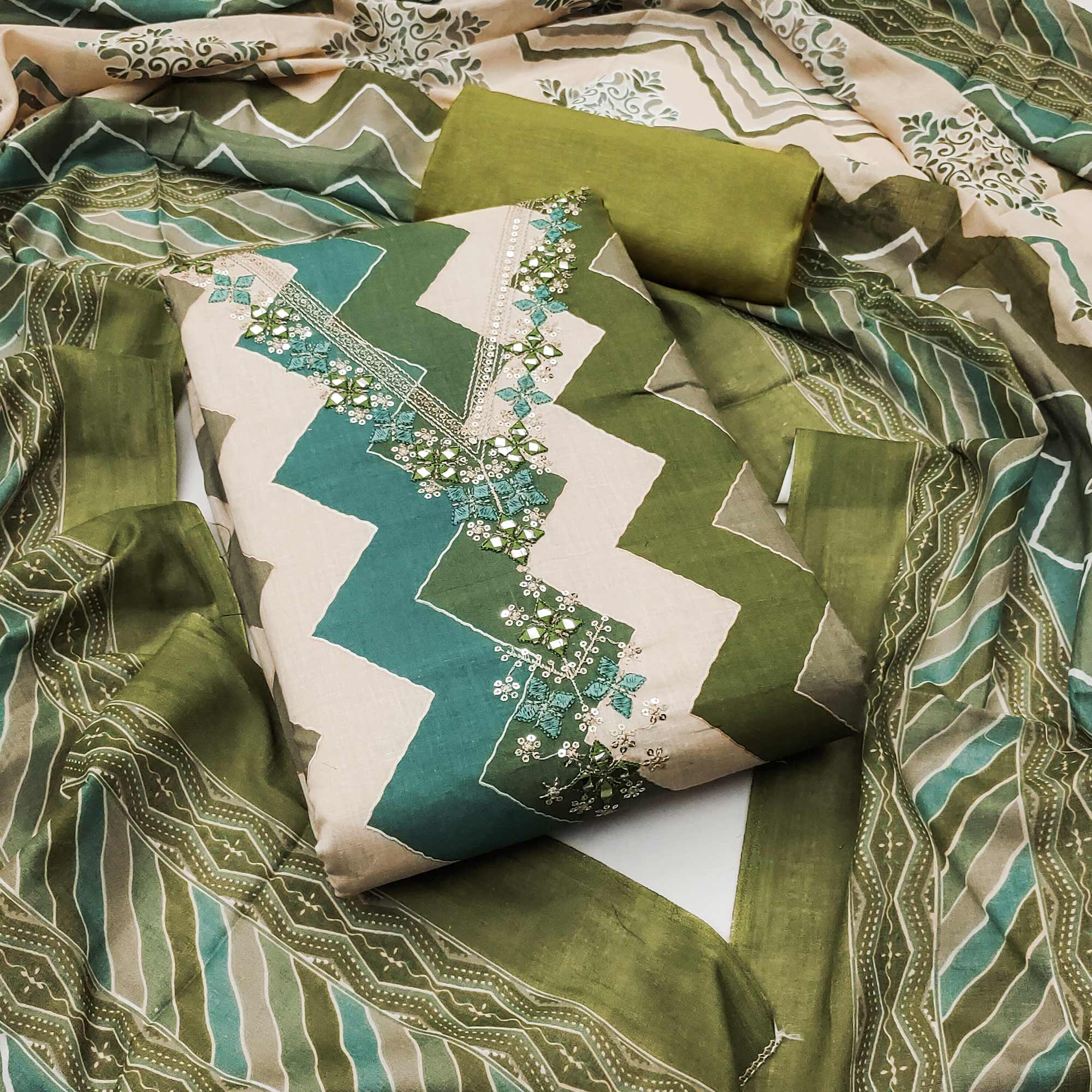 Green Zig Zag Printed Pure Cotton Dress Material With Intricate Sequins Embroidery