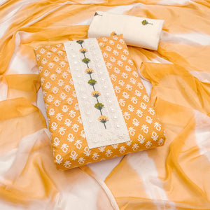 Floral Printed Pure Cotton Dress Material in Radiant Orange Tone