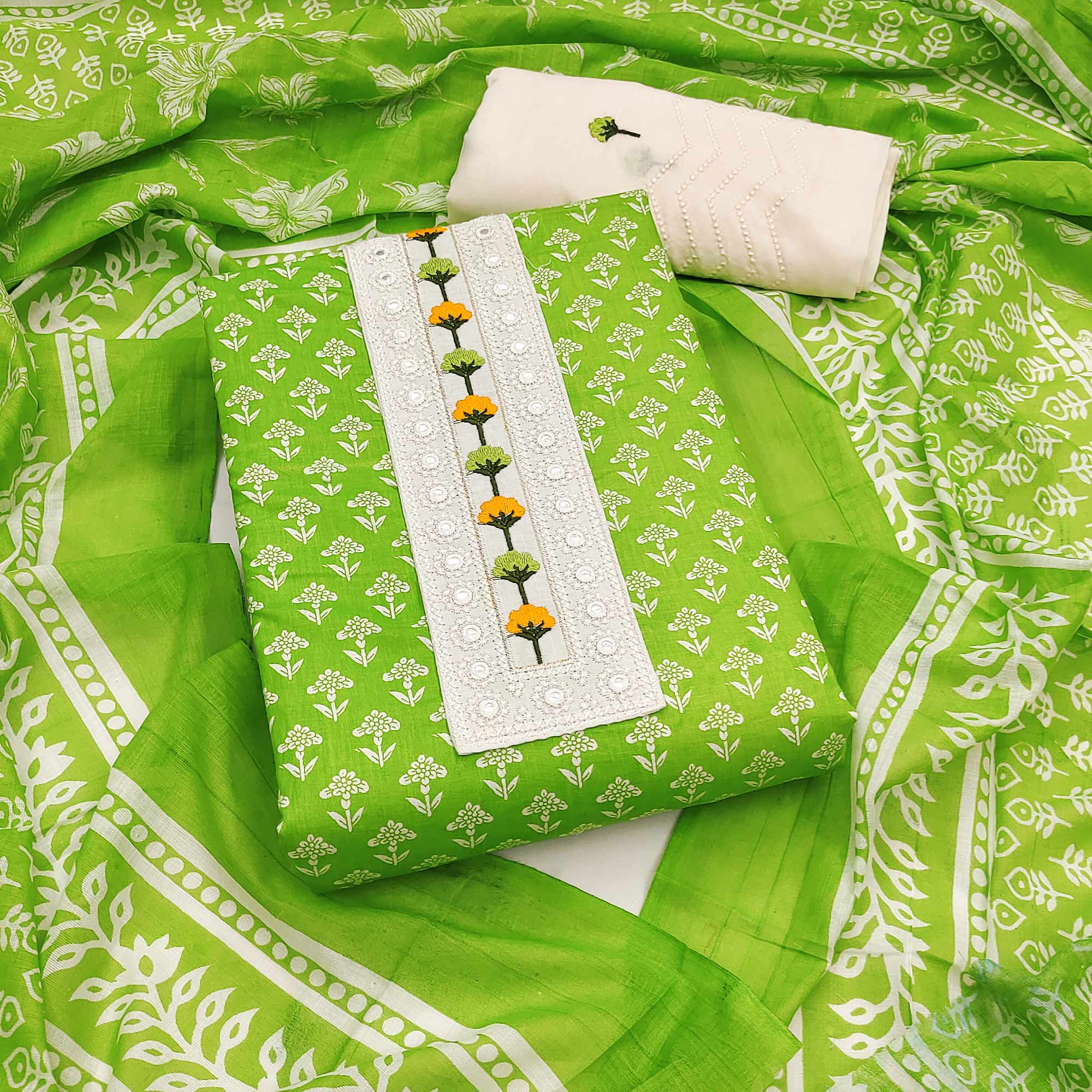 Floral Printed Pure Cotton Dress Material in Radiant Parrot Green Tone