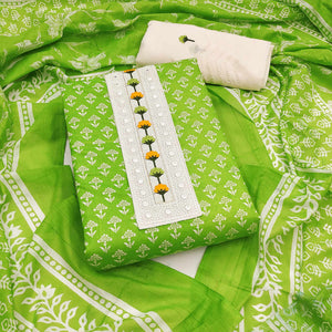 Floral Printed Pure Cotton Dress Material in Radiant Parrot Green Tone