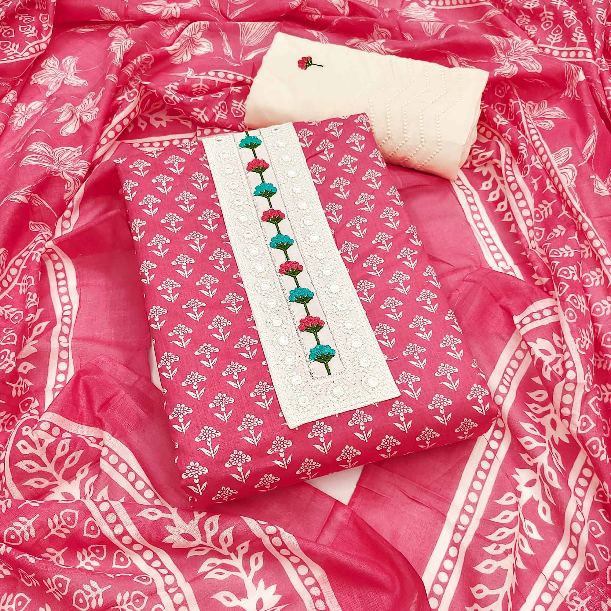Floral Printed Pure Cotton Dress Material in Radiant Pink Tone