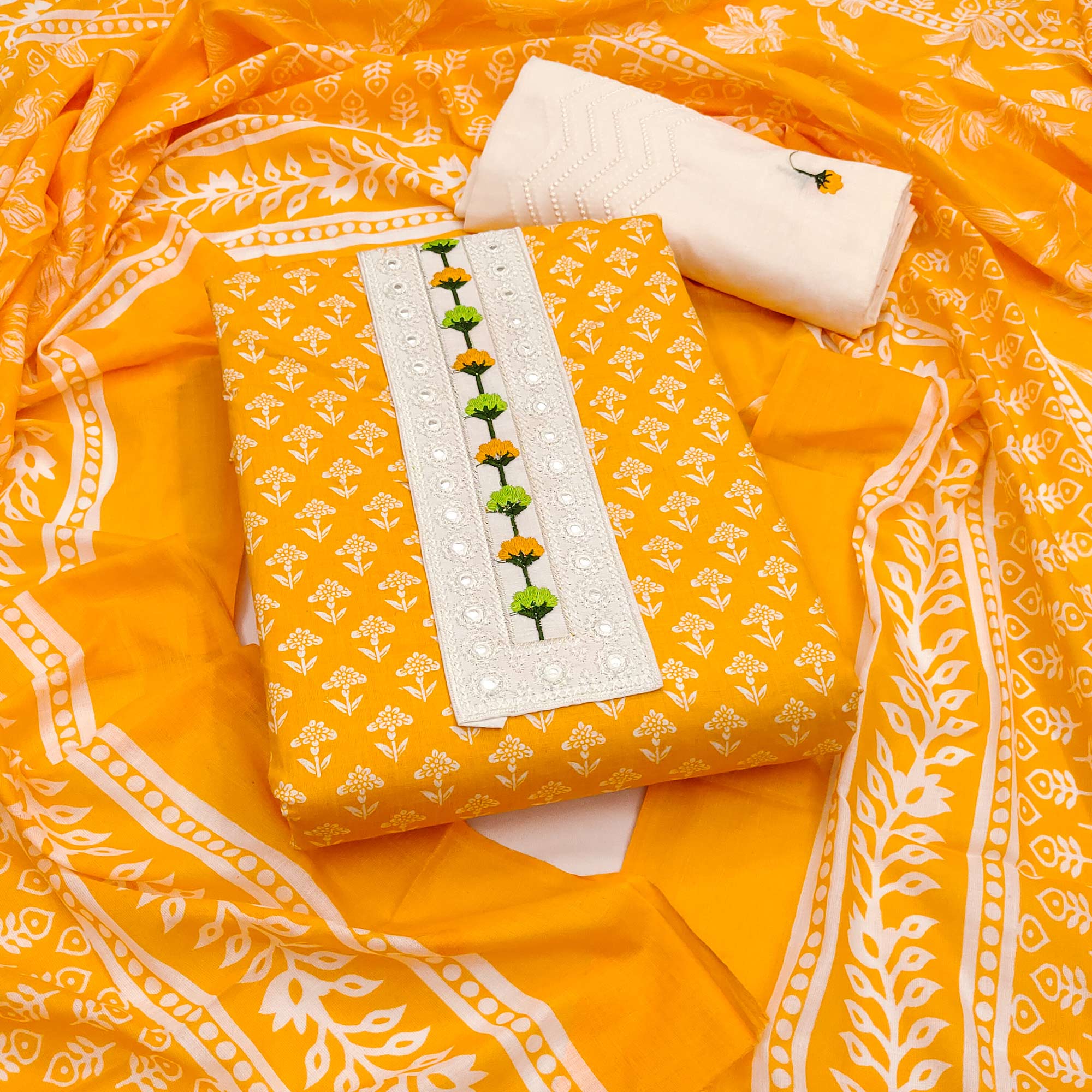 Floral Printed Pure Cotton Dress Material in Radiant Yellow Tone