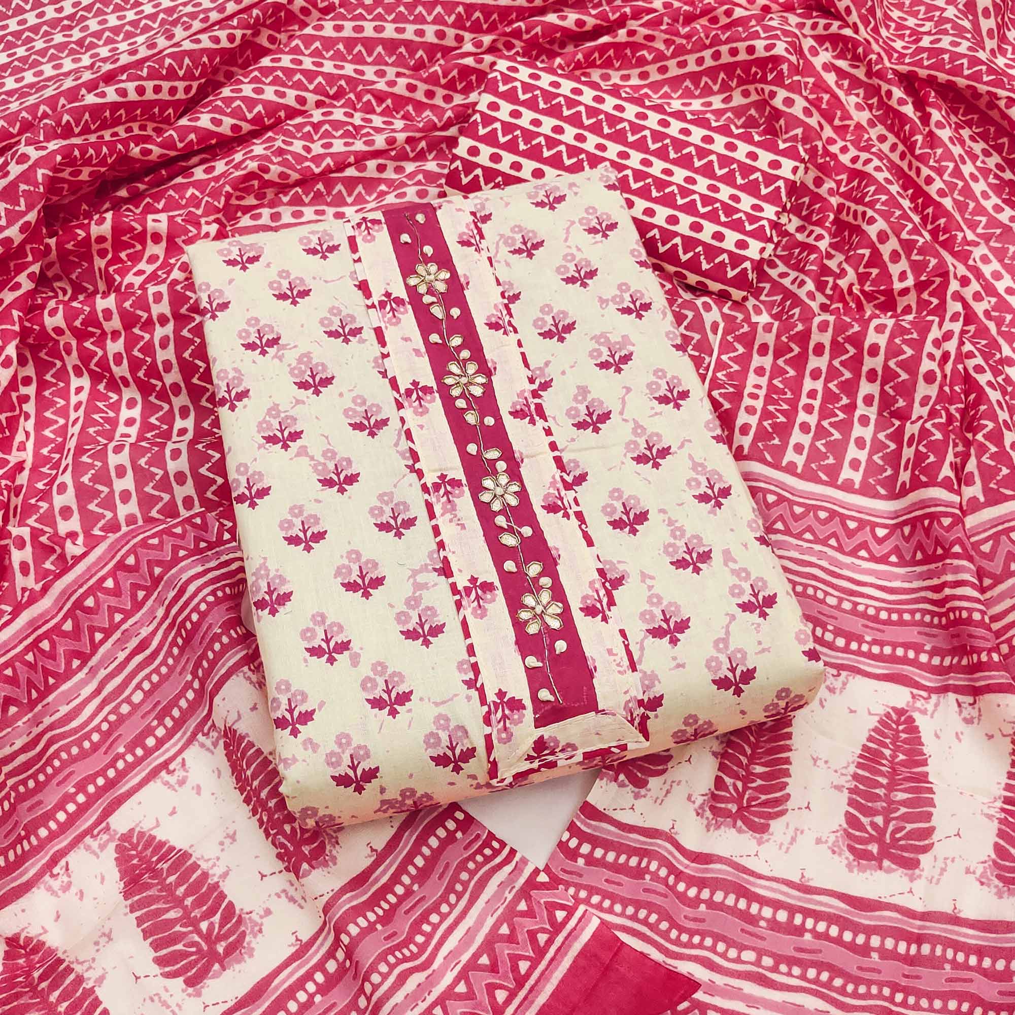 Pink Cotton Suit Material Enhanced with Soft Floral Prints