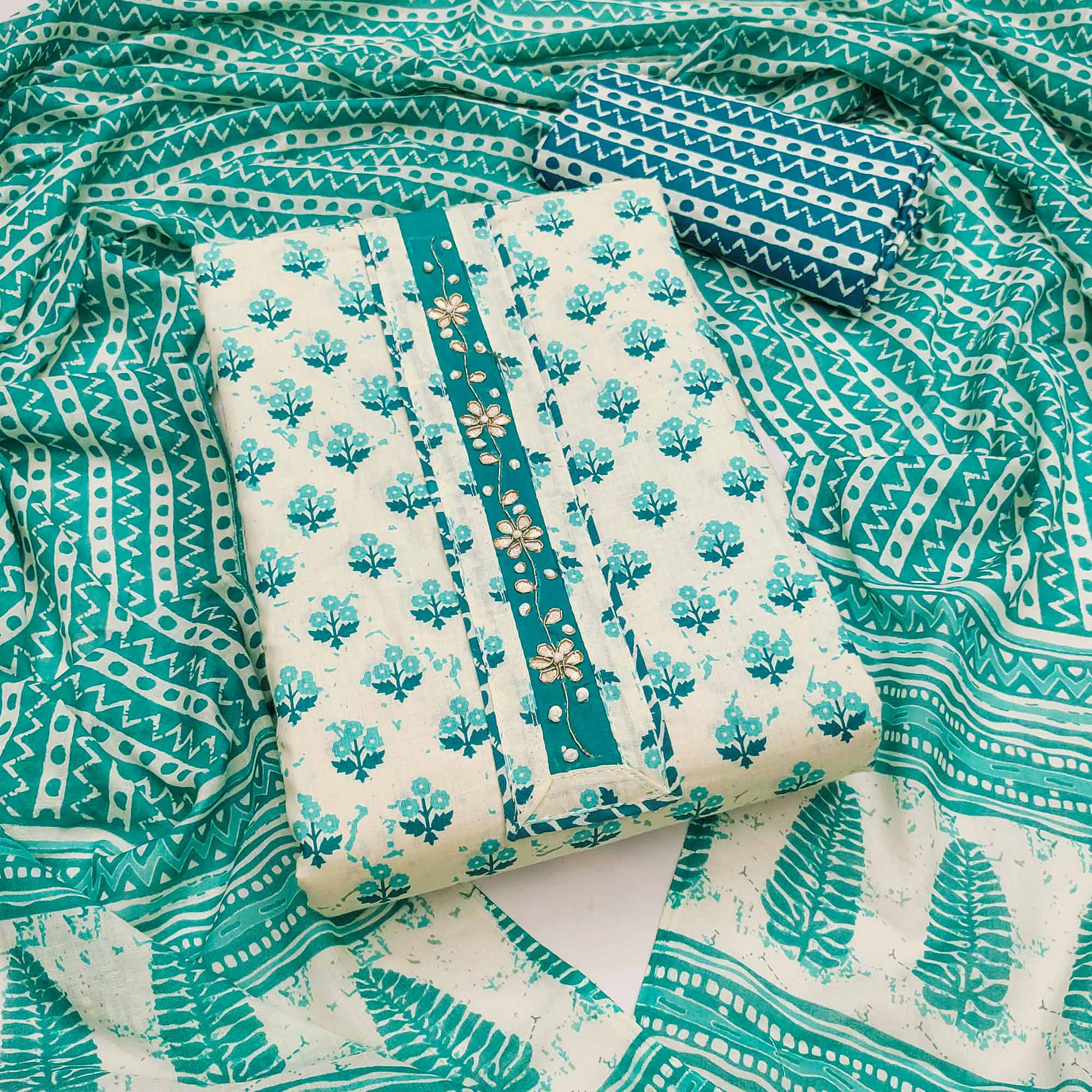 Turquoise Cotton Suit Material Enhanced with Soft Floral Prints