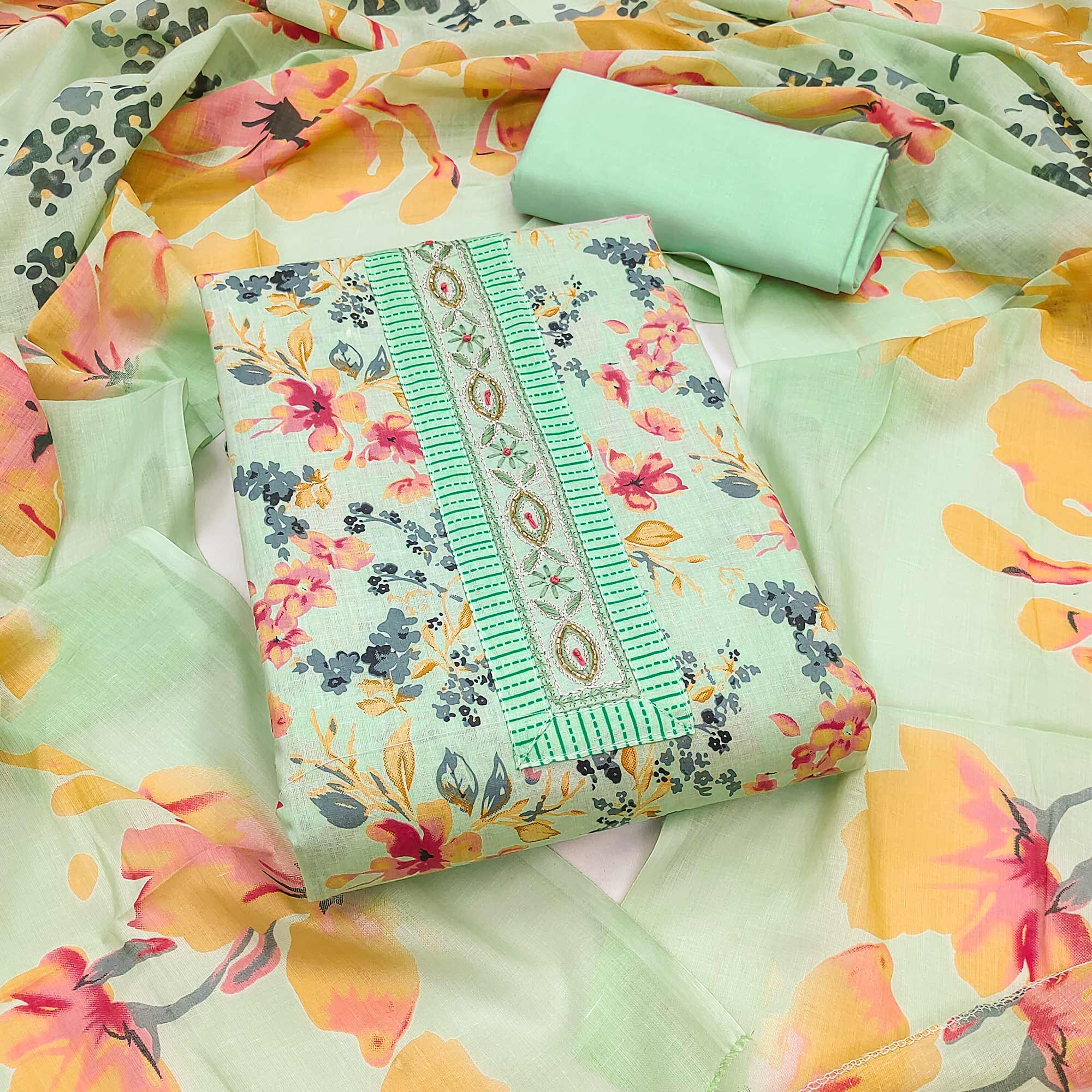 Soft Pure Cotton Dress Material in Fresh Sea Green with Floral Pattern