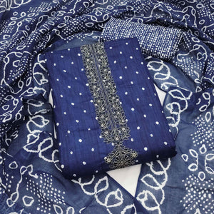 Blue Pure Cotton Dress Material Showcasing Floral & Bandhani Prints With Elegant Neck Embroidery
