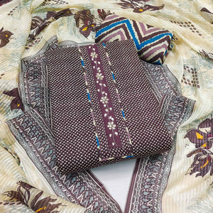 Elegant Wine Bandhani Printed Pure Cotton Dress Material Enhanced With Delicate Floral Handwork