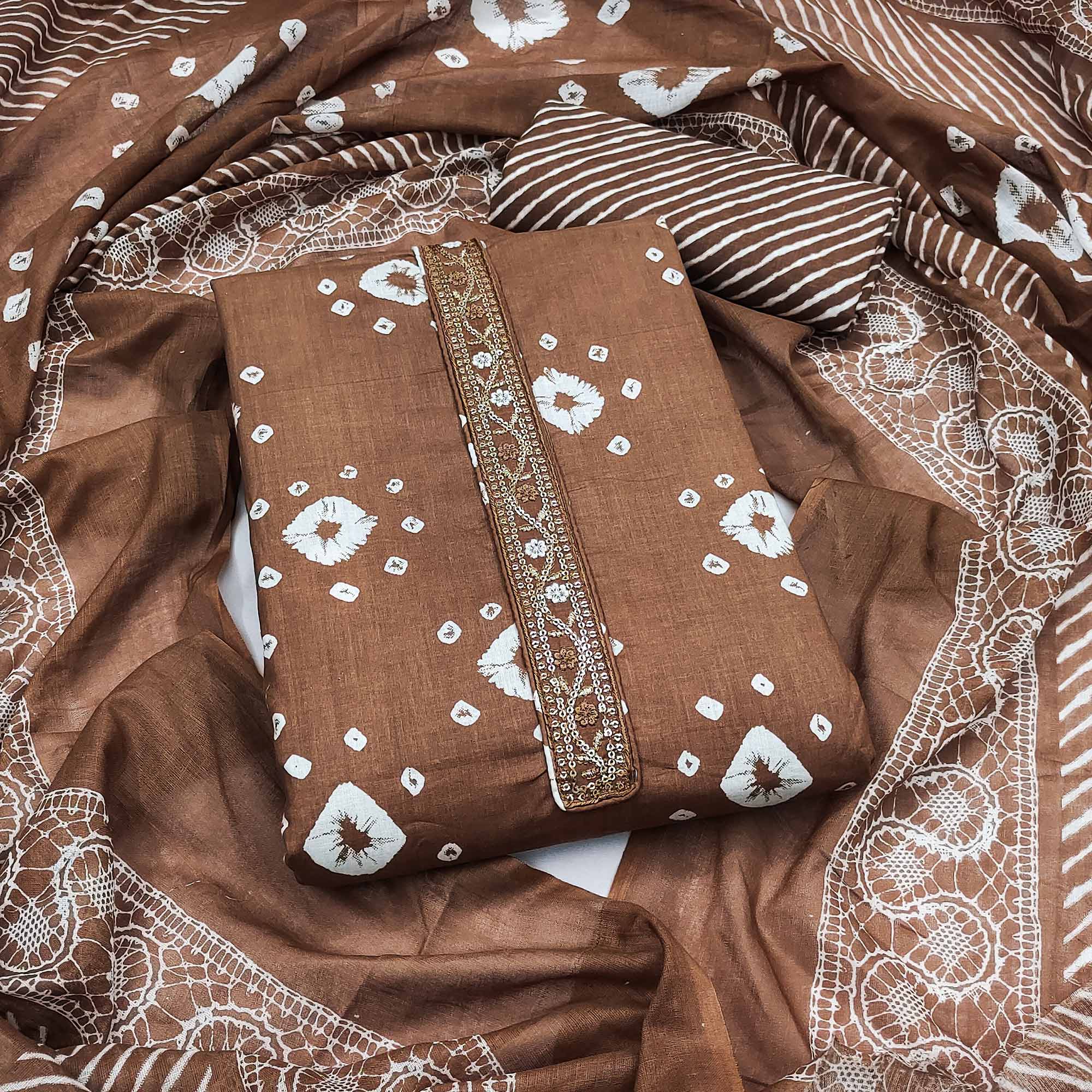 Classic Brown Bandhani Print Pure Cotton Dress Material Accented With Floral Sequins Embroidery