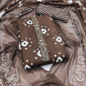 Classic Dark Brown Bandhani Print Pure Cotton Dress Material Accented With Floral Sequins Embroidery