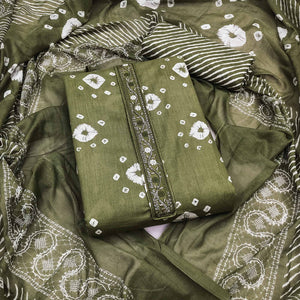 Classic Green Bandhani Print Pure Cotton Dress Material Accented With Floral Sequins Embroidery