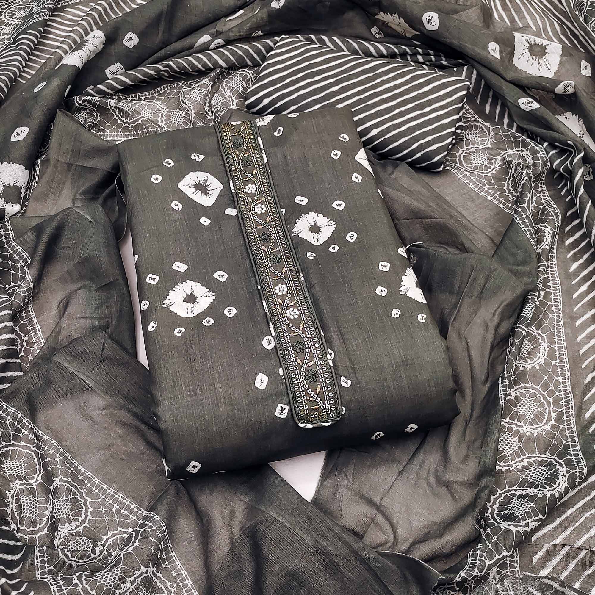 Classic Grey Bandhani Print Pure Cotton Dress Material Accented With Floral Sequins Embroidery