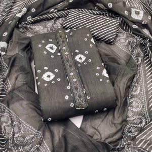 Classic Grey Bandhani Print Pure Cotton Dress Material Accented With Floral Sequins Embroidery