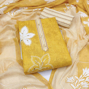 Charming Mustard Floral & Leaf Printed Pure Cotton Dress Material Featuring Subtle Embroidery Work