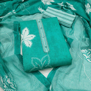 Charming Turquoise Floral & Leaf Printed Pure Cotton Dress Material Featuring Subtle Embroidery Work
