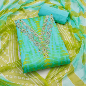 Ethnic Turquoise & Green Bandhani Print Pure Cotton Dress Material Accented With Cording Embroidery