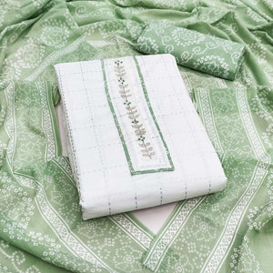 Elegant White & Green Checks Printed Pure Cotton Dress Material With Delicate Handwork Accents
