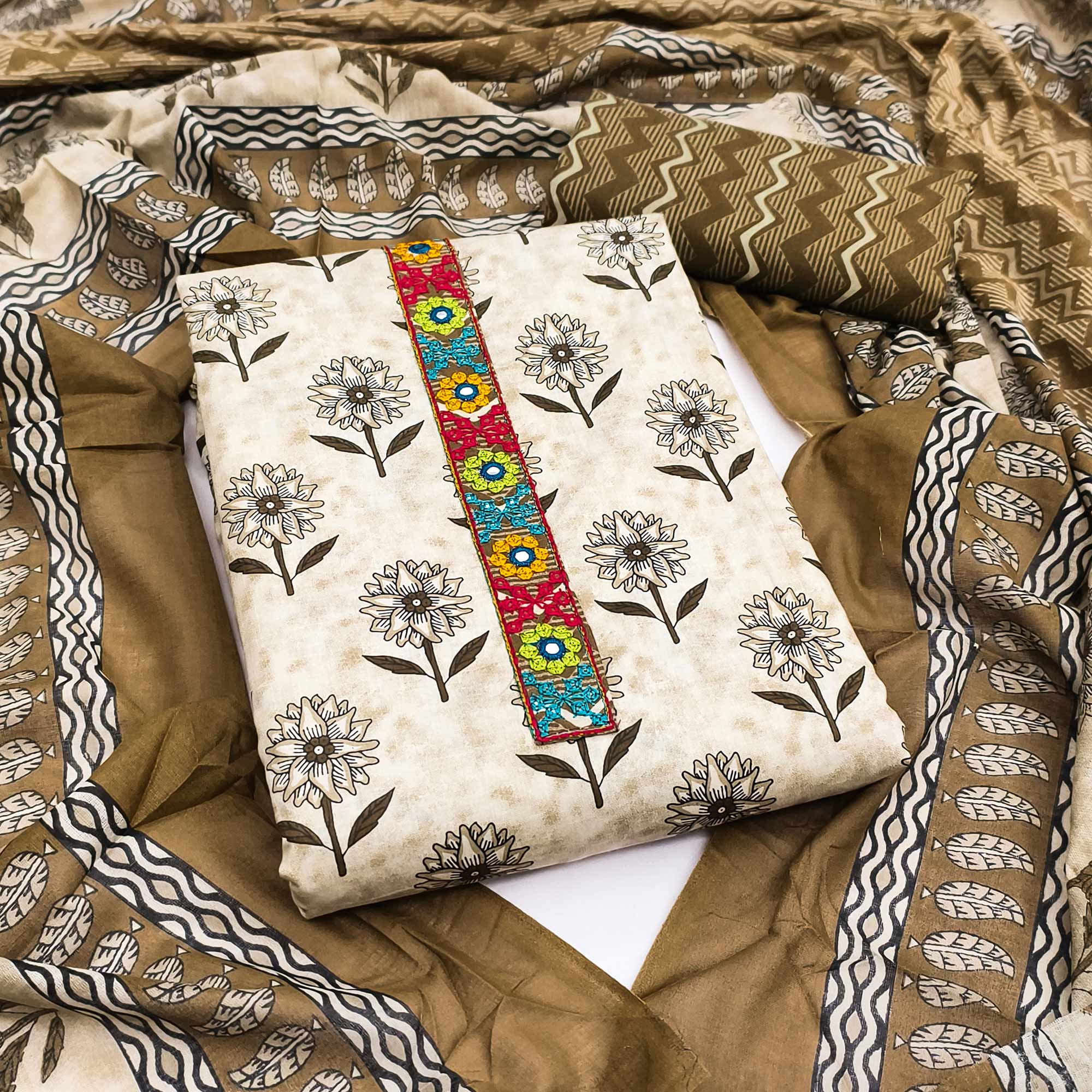 Premium Beige Floral Printed Pure Cotton Dress Material Accented With Thread Embroidery On Neckline