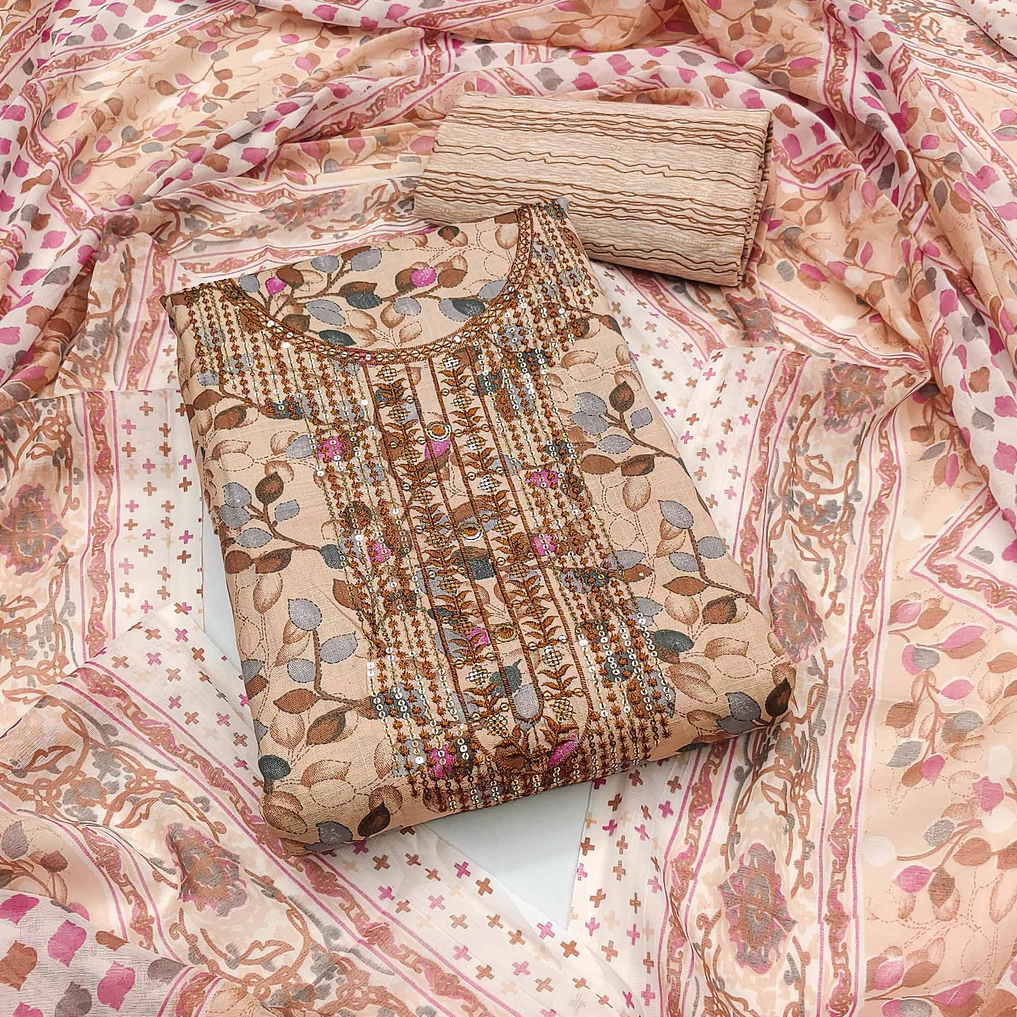 Beige Floral Printed With Sequins Embroidered Pure Cotton Dress Material