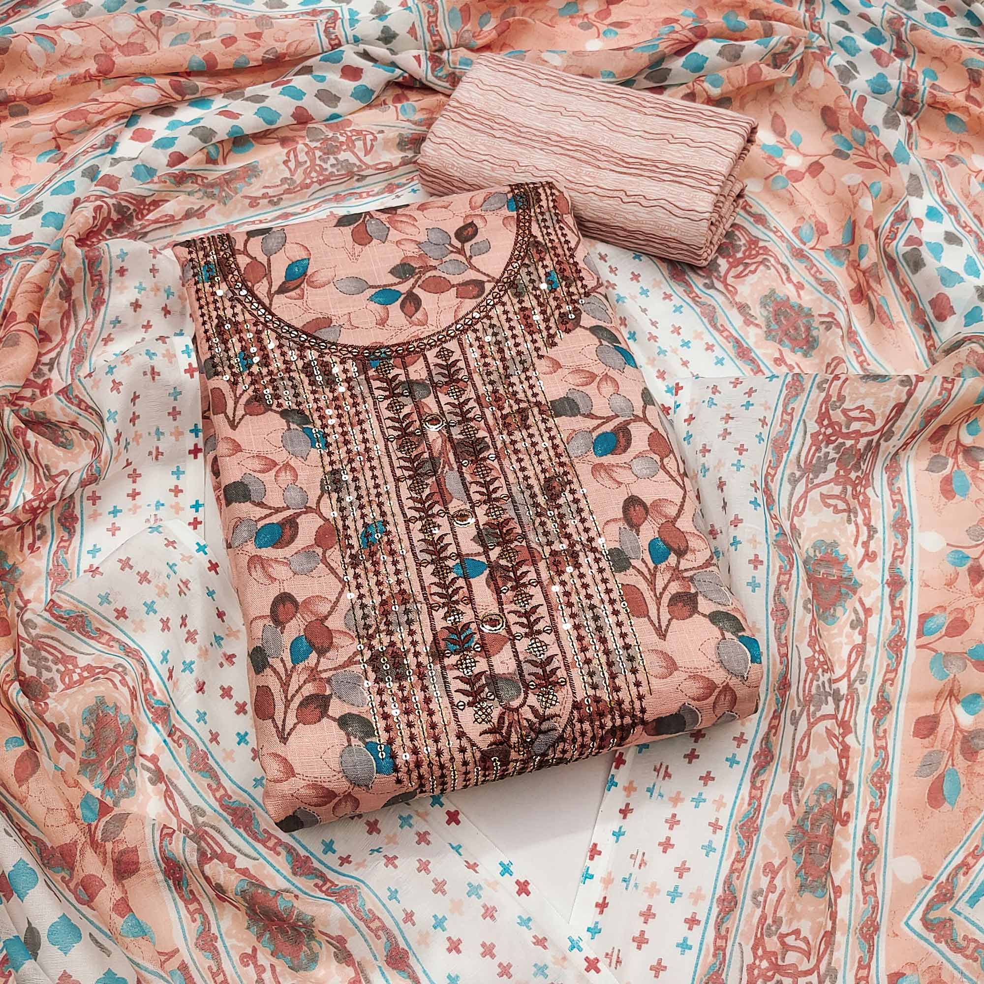 Peach Floral Printed With Sequins Embroidered Pure Cotton Dress Material