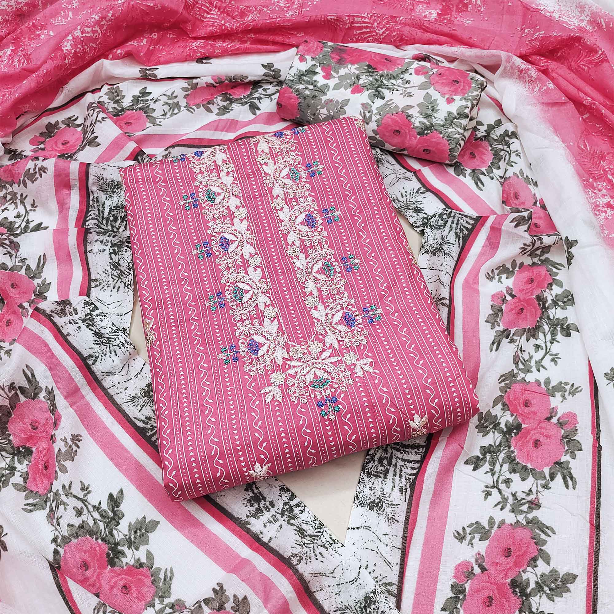 Pink - Jacquard Cotton 2pc Unstitched Dress Material with Earrings 12