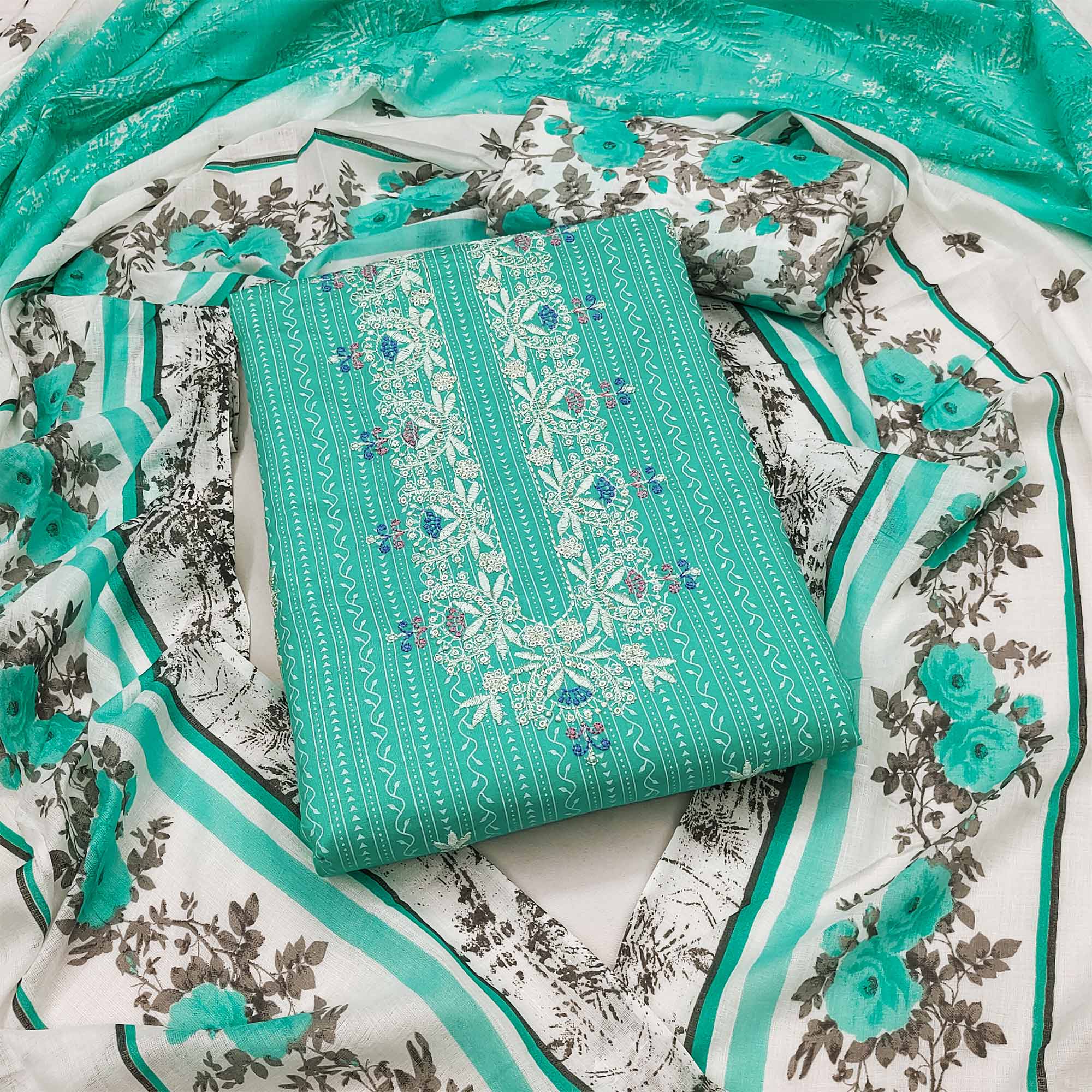 Turquoise Embroidered With Printed Pure Cotton Dress Material