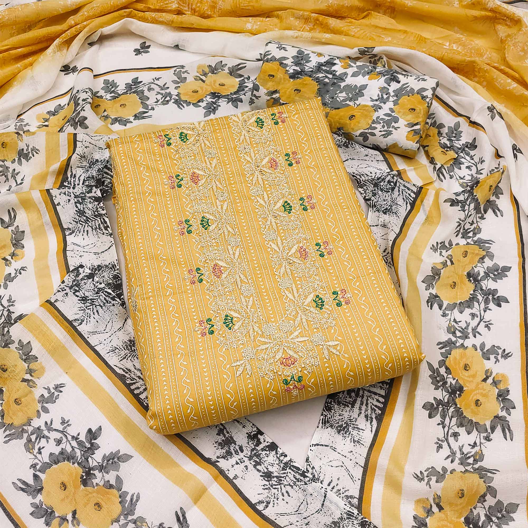 Mustard Yellow Pure Tussar Dress Material With Foral Embroidery Work Pattern main image 0