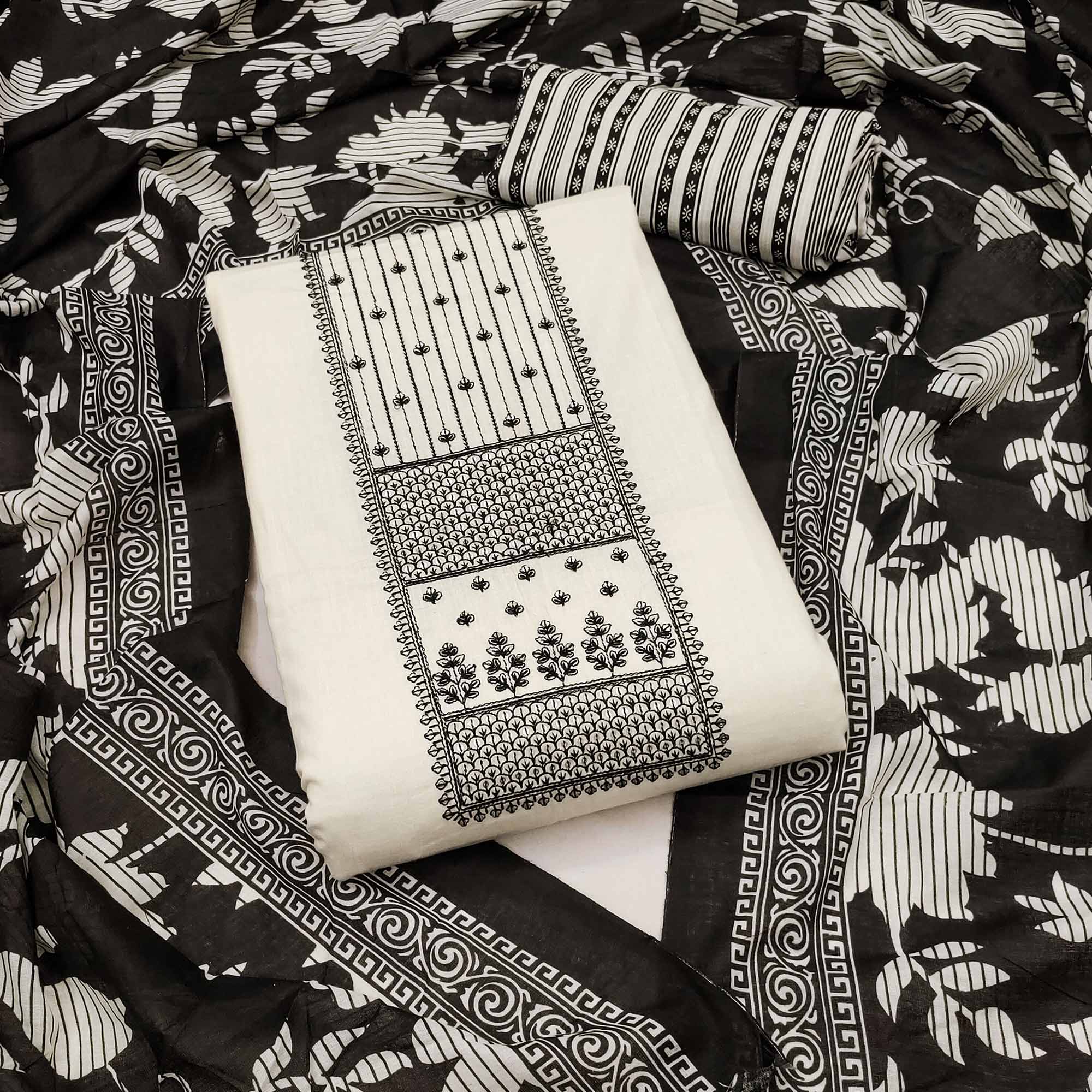 Off white Floral Embroidered Pure Cotton Dress Material