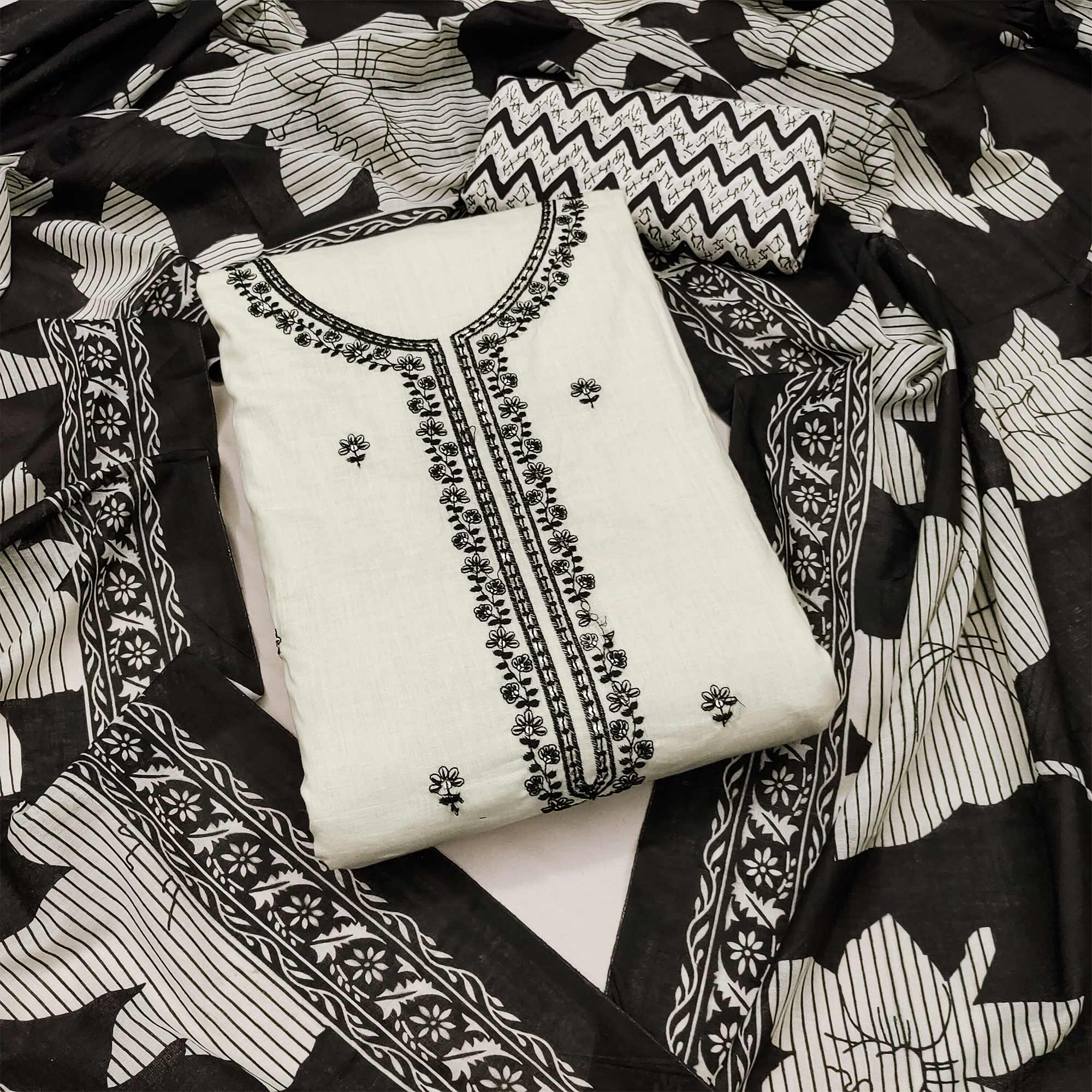 Off white Floral Embroidered Pure Cotton Dress Material