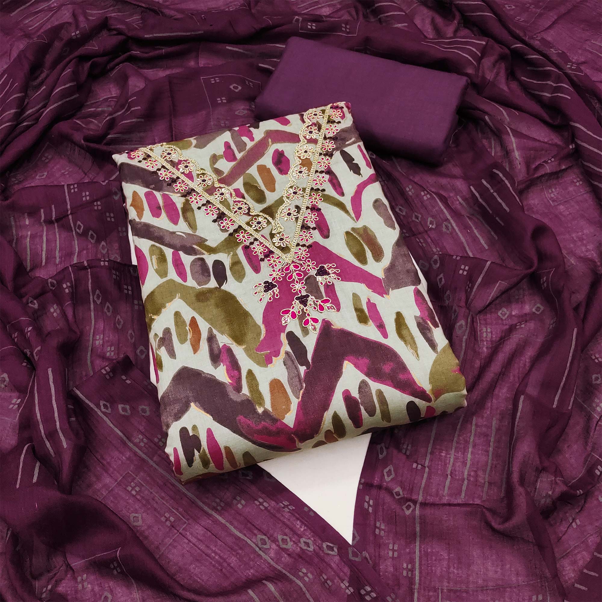 Purple Printed With Embroidered Pure Cotton Dress Material