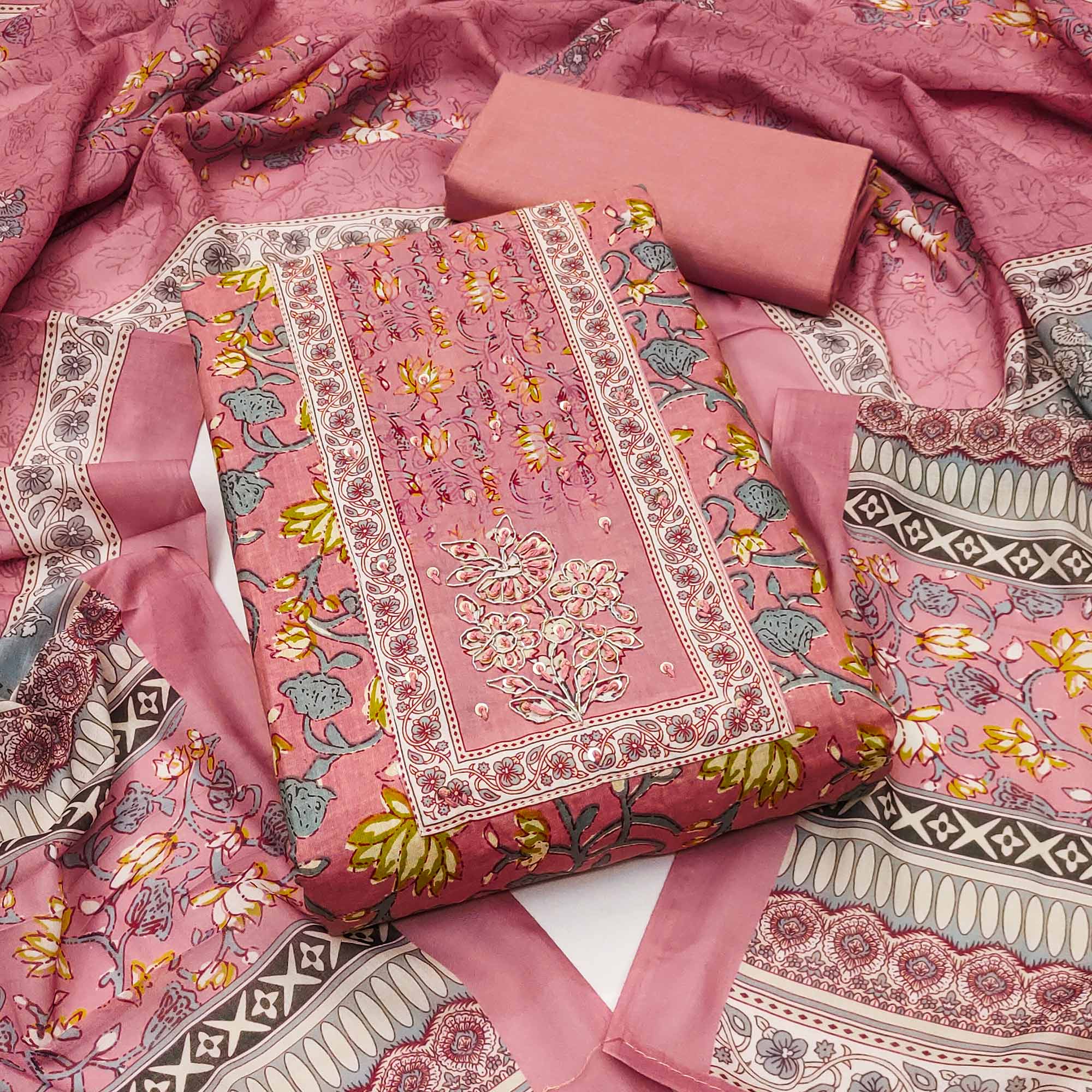 Dusty Rose Pink Floral Printed Pure Cotton Dress Material With Elegant Sequins Embroidery